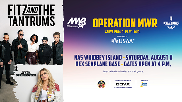 Promotional graphic depicting a concert titled Operation MWR, featuring Fitz and the Tantrums and Alans Springsteen. MWR, USAA, Operation MWR and America 250 logos appear in various locations.